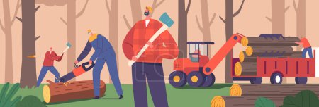 Illustration for Lumberjack Team Prepares Wood With Precision. Male Characters Utilizing Sharp Axes, Powerful Chainsaws, And Sturdy Equipment For Felling, Cutting, And Stacking Logs. Cartoon People Vector Illustration - Royalty Free Image