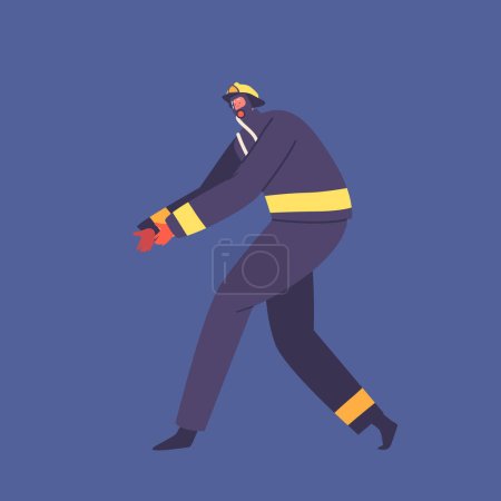 Illustration for Firefighter Character Dressed In A Distinctive Uniform Ready to Face Danger And Protect Lives, Represents Bravery, Resilience, And Dedication During Emergencies. Cartoon People Vector Illustration - Royalty Free Image
