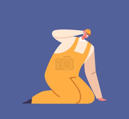 Illustration for Uniformed Kneel Male Character. Professional Worker Dressed In A Standardized Outfit Sitting on Floor due to Accident or Occupational Situation at Work. Cartoon People Vector Illustration - Royalty Free Image