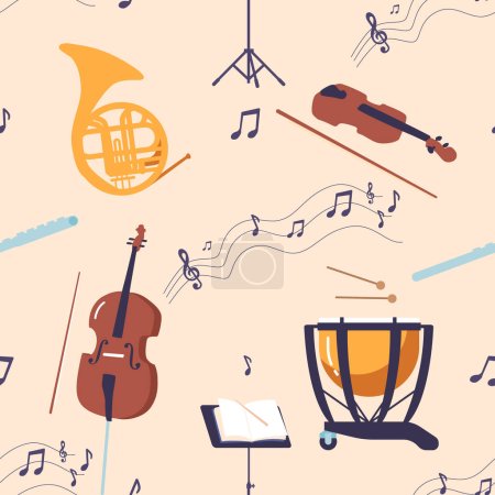 Illustration for Seamless Pattern with Classic Instruments, Perfect For Music Lovers And Enthusiasts. Intricate Designs Of Violin, Cello, French Horn And Drum Create Harmonious Aesthetic. Cartoon Vector Illustration - Royalty Free Image