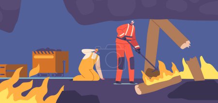 Illustration for Heroic Firefighter Extinguishing Flames In A Perilous Coal Mine, Combating Danger With Courage, Skill, And Determination, Safeguarding Lives And Preserving Resources. Cartoon Vector Illustration - Royalty Free Image