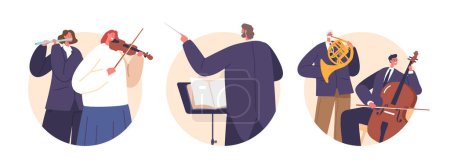 Vereinzelte runde Ikonen mit klassischen Musikern, männlichen und weiblichen Charakteren, die Flöte, Violine, Cello und Waldhorn spielen und mit dem Dirigenten den Ablauf auf der Bühne steuern. Cartoon People Vektor Illustration