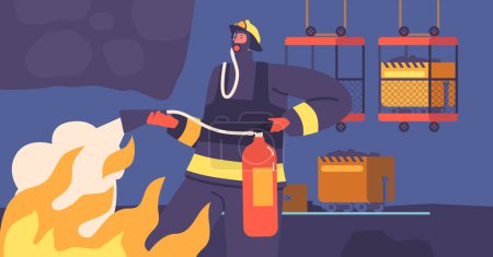 Illustration for Brave Firefighter Male Character Extinguishes Raging Coal Mine Fire, Battling Intense Heat And Dangerous Conditions To Protect Lives And Save Valuable Resources. Cartoon People Vector Illustration - Royalty Free Image