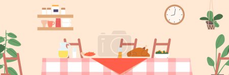 Illustration for Feast-worthy Table Showcasing A Delicious Turkey Meal With Savory Stuffing, Flavorful And Delectable Desserts, Perfect For A Festive Gathering Or Holiday Celebration. Cartoon Vector Illustration - Royalty Free Image