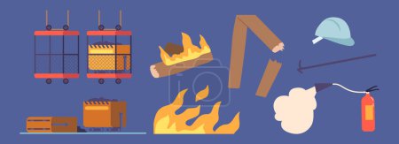 Illustration for Set of Icons Mine Trolley with Coal, Burning Logs, Fire Extinguisher and Hard Hat Isolated Elements. Mining Industry Emergency Situations, Hazard, Dangerous Accident. Cartoon Vector Illustration - Royalty Free Image