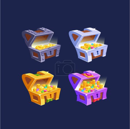 Illustration for Open Treasure Chests with Gold and Gemstones. Game Icons, Assets With A Sense Of Mystery, Adventure, And Excitement. Hidden Rewards, Thrilling Gaming Experiences. Cartoon Vector Illustration - Royalty Free Image