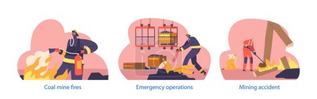 Illustration for Dangerous Emergency Situation Underground Isolated Elements. Fire Accident In A Coal Mine, Causing Chaos And Endangering Lives, Thick Smoke, Heat, And Response Efforts. Cartoon Vector Illustration - Royalty Free Image