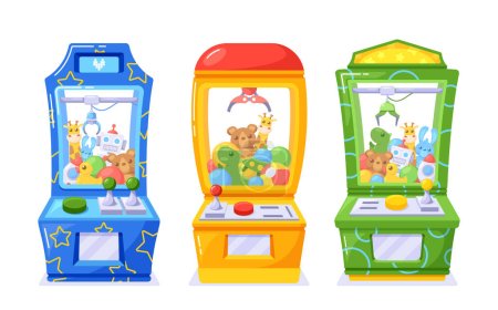 Máquinas de arcade interactivas donde los jugadores utilizan un agarrador controlado por joystick para tratar de recuperar premios, proporcionar entretenimiento y la emoción de ganar potencialmente un premio codiciado. Ilustración vectorial