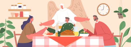 Illustration for Family Characters Parents and Son Gathers Around A Table With A Turkey Meal, Their Faces Filled With Joy And Gratitude, As An Angel Watches Over Them With A Comforting Presence. Vector Illustration - Royalty Free Image
