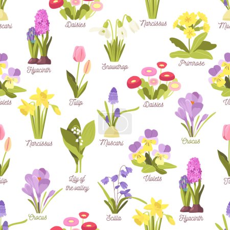 Illustration for Vibrant And Lively Seamless Pattern Capturing The Essence Of Spring Flowers In Full Bloom. Hyacinth, Tulip, Snowdrop, Daisies and Primrose, Narcissus, Daisies or Crocus, Lilly of the Valley Tile - Royalty Free Image