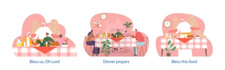 Illustration for Family Characters Adults and Kids Gathered Around Table, Praying With An Angels Presence, As They Share A Meal Featuring A Delicious Turkey Isolated Elements. Cartoon People Vector Illustration - Royalty Free Image