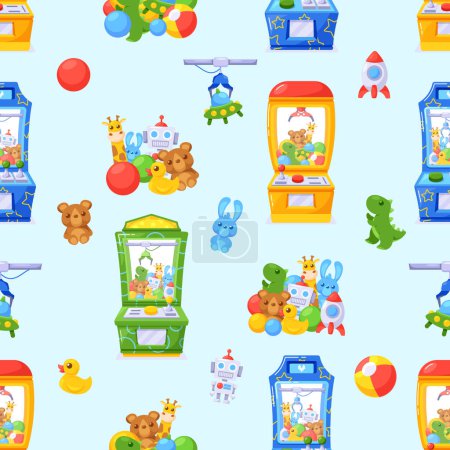 Illustration for Seamless Pattern Featuring Vibrant Grabber Machines and Toys In Various Colors And Designs, Creating A Playful And Dynamic Aesthetic. Tiled Motif for Paper, Decor, Textile. Cartoon Vector Illustration - Royalty Free Image