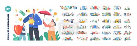 Illustration for Set of Scenes and Situations with Business Characters. Men and Women with Graphs and Charts Engaged in Investment, VAT, Market Trading, Earn and Save Money. Cartoon People Vector Illustration - Royalty Free Image