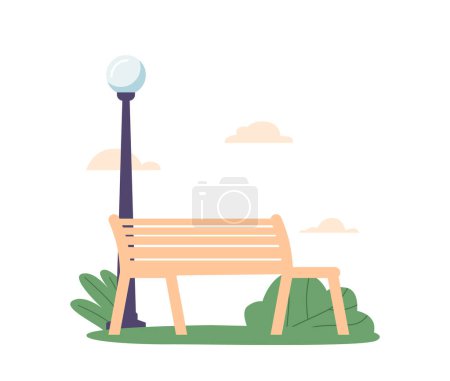 Illustration for Relaxing Bench Nestled In A Serene Park Setting with Street Lamp and Bushes, Offering A Peaceful Spot To Rest, Unwind, And Enjoy Natures Beauty. Cartoon Landscape, Background, Vector Illustration - Royalty Free Image