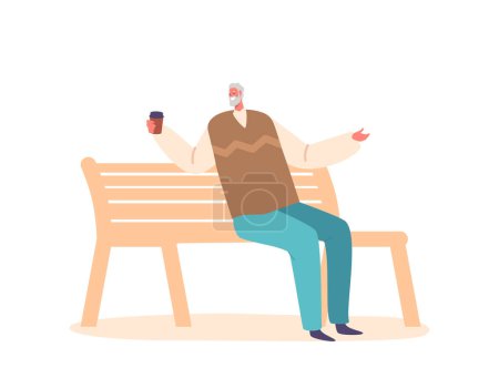 Téléchargez les illustrations : Personnage âgé jouissant d'un moment paisible sur un banc, sirotant son café. Serein, content et réfléchi, il trouve réconfort et détente dans le simple plaisir d'une boisson chaude - en licence libre de droit