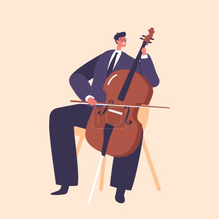 Talentoso Músico Clásico Hombre Personaje Mostrando su maestría del violonchelo en el escenario, cautivando a la audiencia con su actuación melódica y emocional. Dibujos animados Gente Vector Ilustración