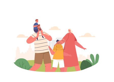 Joyful Family Characters Parents and Kids Strolling Through The Park, Embracing Natures Beauty, Sharing Laughter And Creating Lasting Memories Of Togetherness. Cartoon People Vector Illustration