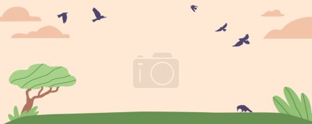 Ilustración de Paisaje majestuoso de la naturaleza con cuervos voladores, capturando la impresionante vista de estas graciosas aves que se elevan a través del cielo, creando un ambiente dramático y encantador. Ilustración de vectores de dibujos animados - Imagen libre de derechos