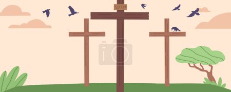 Illustration for Sacred Symbol Of Christianity, Three Crosses On Calvary Represents The Crucifixion Of Jesus Christ, Embodying Sacrifice, Redemption, And Hope For Believers Worldwide. Cartoon Vector Illustration - Royalty Free Image