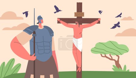 Illustration for Jesus Crucifixion Solemn Biblical Scene With Jesus Character On The Cross, While A Soldier Stands Nearby, Witnessing The Momentous Event. Sacrifice, And Salvation. Cartoon People Vector Illustration - Royalty Free Image
