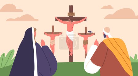Illustration for Jesus Crucifixion, A Profound Biblical Scene Depicting Jesus Sacrifice, Crucified On The Cross with Crying Followers Praying, Symbolizing Redemption, And Love. Cartoon People Vector Illustration - Royalty Free Image