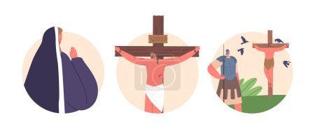Ilustración de Iconos redondos aislados con crucifixión de Jesús. Escena bíblica profunda que representa a Jesús en la cruz con el soldado cercano y el personaje de María Magdalena. Sacrificio, Símbolo de Redención. Ilustración vectorial - Imagen libre de derechos