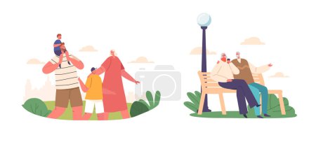 Illustration for Family Relations, Togetherness Concept. Parents and Kids Walking in Park, Senior Male and Female Characters Sitting on Bench Enjoying Coffee Drink Outdoors. Cartoon People Vector Illustration - Royalty Free Image