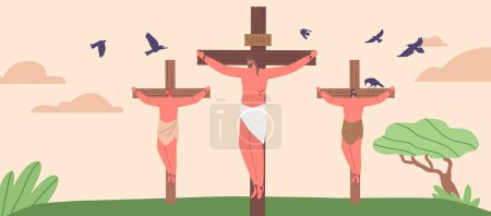 Crucifixion, une scène biblique profonde représentant Jésus sur la croix avec deux voleurs à ses côtés, symbolisant le sacrifice, la rédemption et l'acte ultime d'amour. Illustration vectorielle des personnages de bande dessinée