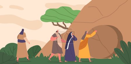Illustration for Burial Of Jesus, A Solemn And Poignant Event Where Jesus Body Was Laid To Rest In A Tomb, Marking The End Of His Earthly Journey And The Beginning Of Resurrection. Cartoon People Vector Illustration - Royalty Free Image