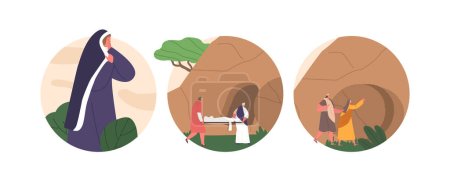 Illustration for Burial Of Jesus Isolated Round Icons. Followers Placing Body In Tomb after Crucifixion. Significant Event In Christian Belief, Beginning Of Resurrection Narrative. Cartoon People Vector Illustration - Royalty Free Image