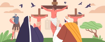 Illustration for Jesus Crucifixion Profound Biblical Scene Depicting Jesus Sacrifice On The Cross, Symbolizing Redemption, Forgiveness, And The Ultimate Act Of Love And Salvation. Cartoon People Vector Illustration - Royalty Free Image