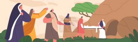 Illustration for Burial Of Jesus Scene with Biblical Characters. After His Crucifixion, Jesus Body Was Lovingly Placed In A Tomb, Wrapped In Linen, And Sealed With A Large Stone. Cartoon People Vector Illustration - Royalty Free Image
