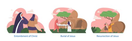 Illustration for Isolated Elements Scenes of Jesus Burial. Follower and Apostle Characters Placed Jesus Body After His Crucifixion In A Tomb, And Sealed With A Large Stone. Cartoon People Vector Illustration - Royalty Free Image