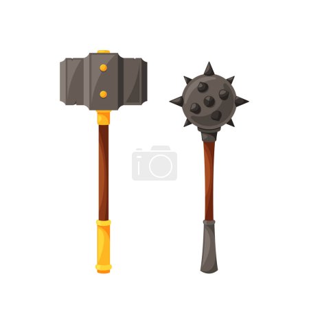 Illustration for Powerful Medieval Weapons Sledgehammer And Mace for Battle. Sledgehammer, Heavy Blunt Force Tool, And Mace, A Spiked Club, Delivered Devastating Blows To Armored Opponents. Cartoon Vector Illustration - Royalty Free Image