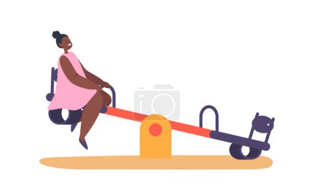 Illustration for Joyful Black Girl Character Swinging On A Teeterboard on Playground, Capturing The Thrill And Freedom Of Play With A Delightful Blend Of Grace And Excitement. Cartoon People Vector Illustration - Royalty Free Image
