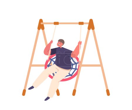 Illustration for Young Boy Character Joyfully Swings Back And Forth On A Playground Swing, His Laughter Filling The Air As He Enjoys Exhilarating Sensation Of Flying Through The Air. Cartoon People Vector Illustration - Royalty Free Image