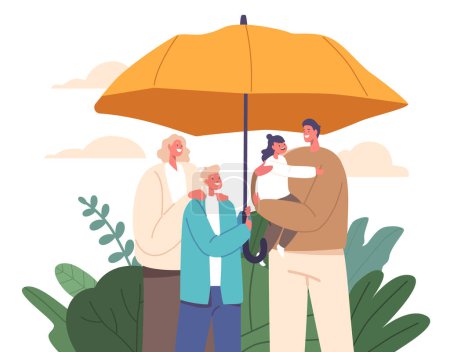 Illustration for Family Protection concept Portrays A United Family Huddled Under An Umbrella, Representing Insurance, Love, Support And Shelter In Times Of Adversity And Challenges. Cartoon People Vector Illustration - Royalty Free Image