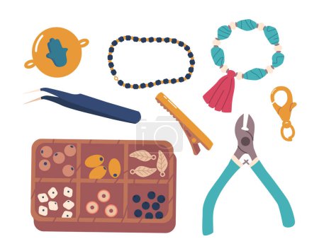 Illustration for Set Of Jewelry Fittings And Tools For Creating Stunning Pieces. Includes A Variety Of Clasps, Jump Rings, And Pliers Ensuring Convenience And Versatility In Jewelry Making. Cartoon Vector Illustration - Royalty Free Image