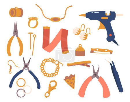 Illustration for Set Of Jewelry Fittings And Tools, For Bijouterie Making And Repair. Variety Of Essential Components For Creating Stunning And Professional-looking Jewelry Pieces. Cartoon Vector Illustration - Royalty Free Image