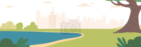Ilustración de Parque exuberante con un estanque sereno, ubicado dentro del bullicioso paisaje de la ciudad, creando una mezcla armoniosa de naturaleza y paisaje urbano. Cartoon Cityscape Background (en inglés). Ilustración vectorial - Imagen libre de derechos