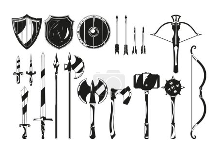 Illustration for Collection Of Black Icons Featuring Various Medieval Weapons, Perfect For Historical And Fantasy-themed Designs. Includes Swords, Axes, Shields, Bows, Crossbows And Maces. Cartoon Vector Illustration - Royalty Free Image