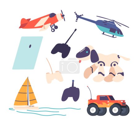 Illustration for Fun And Interactive Toys. Plane, Helicopter, Robot Dog, Boat And Truck Offer Exciting Play Experiences. With Remote Wireless Control, These Toys Can Zoom, Spin, Maneuver. Cartoon Vector Illustration - Royalty Free Image