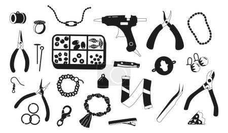Illustration for Set Of Black Icons Depicting Various Jewelry Fittings And Tools For Designers. Representing A Range Of Essential Items For Crafting Beautiful And Intricate Jewelry Pieces. Vector Illustration, Signs - Royalty Free Image
