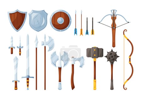 Medieval Weapons Set. Authentic And Formidable Collection Of Historic Weaponry, Swords, Axes, Maces, Bow, Crossbow And Shields For Reenactments, And Historical Enthusiasts. Cartoon Vector Illustration