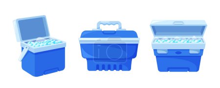 Illustration for Closed and Open Compact Containers Refrigerators with Ice, For Storing Food And Beverages. Efficient Cooling System with Adjustable Temperature Settings, Ideal For Travel. Cartoon Vector Illustration - Royalty Free Image