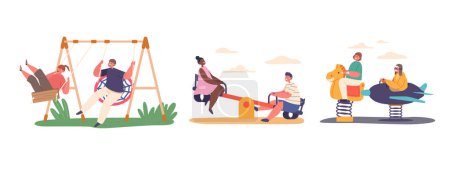 Illustration for Children Characters Gleefully Swinging Back And Forth On Swings, Filled With Joy And Laughter, Creating Unforgettable Memories Of Carefree Playtime In The Open Air. Cartoon People Vector Illustration - Royalty Free Image