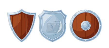 Illustration for Protective Medieval Shields, Crafted With Sturdy Materials Like Wood And Metal, Serving As Essential Defense In Battles And Tournaments Isolated on White Background. Cartoon Vector Illustration - Royalty Free Image