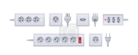 Illustration for Plugs and Socket Types. Uk, Us, Eu, Au, Universal, Three-pin, Two-pin Round Adapters. Connection Power Appliance, Extension Cord with Switcher Isolated on White Background. Cartoon Vector Illustration - Royalty Free Image