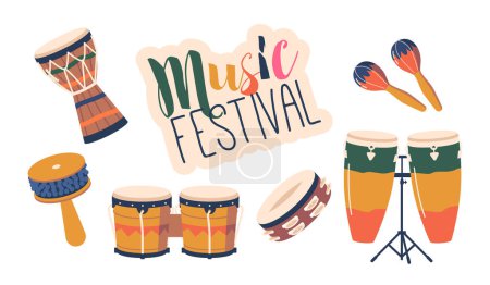 Illustration for Lively Set Of Reggae Musical Instruments, For Creating Iconic Rhythm And Sound Of The Genre. Includes Drums, Tambourine and Maracas, Authentic And Groovy Reggae Experience. Cartoon Vector Illustration - Royalty Free Image