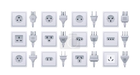 Illustration for Standard Socket Plugs Including Type A, Type C, And Type G. Different Shapes And Prong Configurations Allow For Compatibility Between Devices And Electrical Systems Worldwide. Vector Illustration - Royalty Free Image